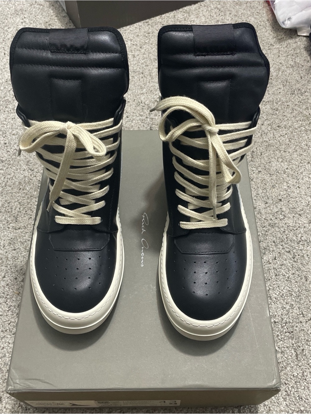 Rick Owens Black High-Top Leather Sneakers with Cream Accents